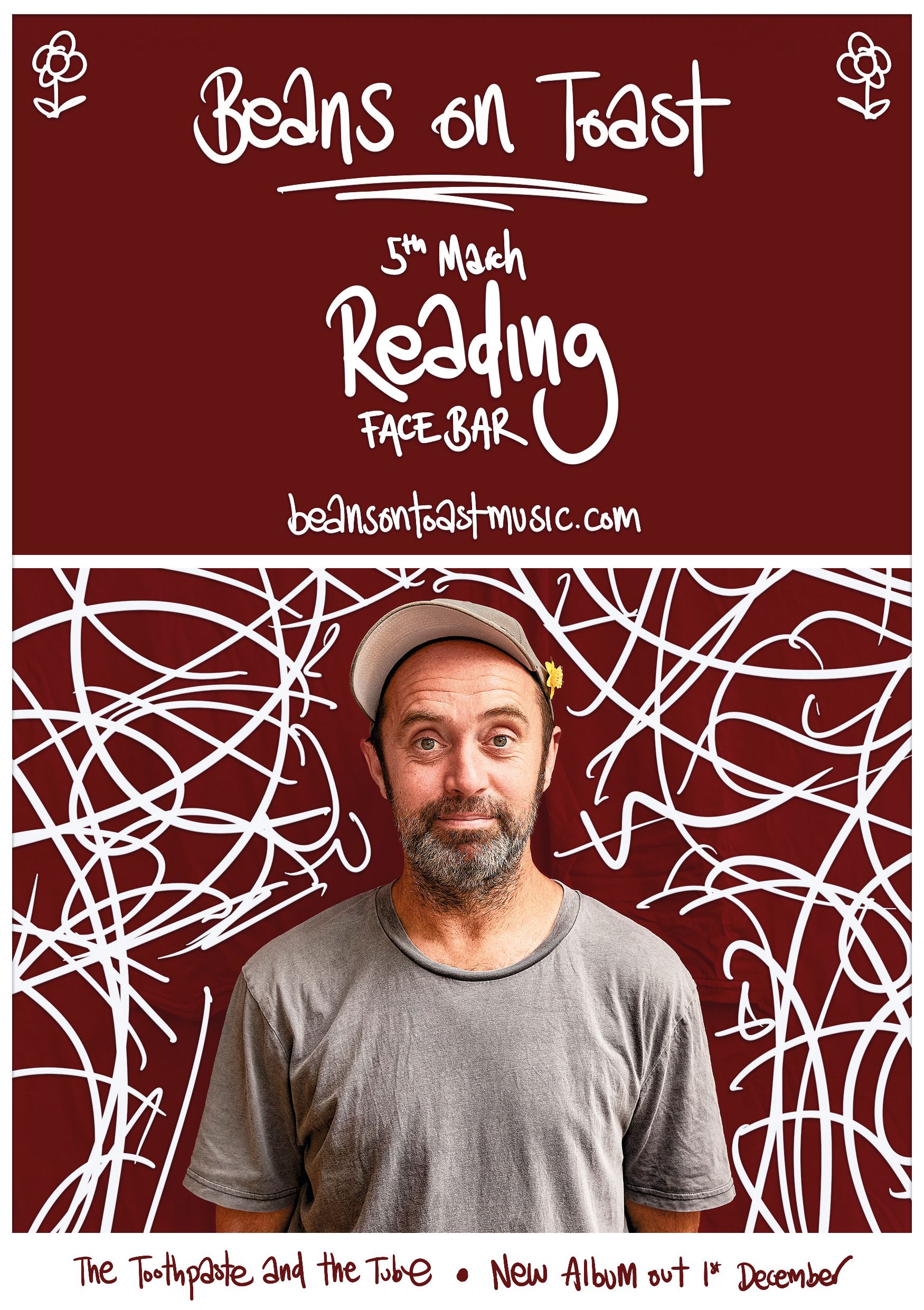 A man with a beard is on a poster for beans on toast