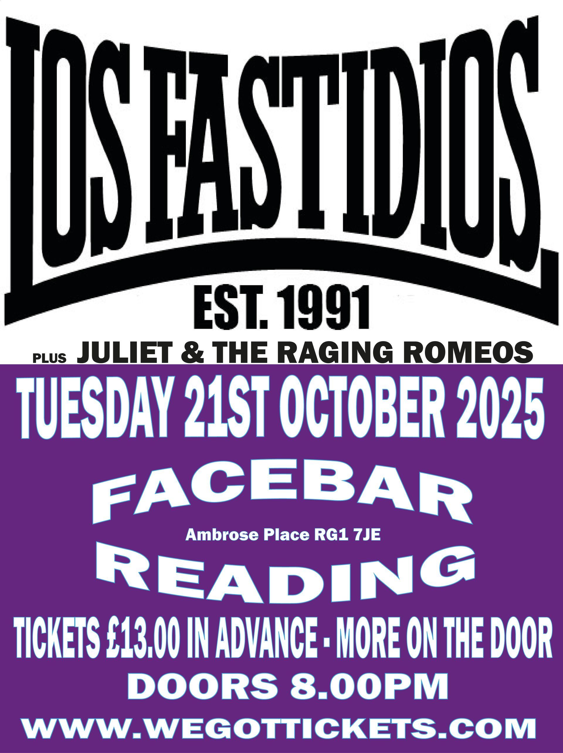 A purple and white poster for los fastidio 's facebar reading