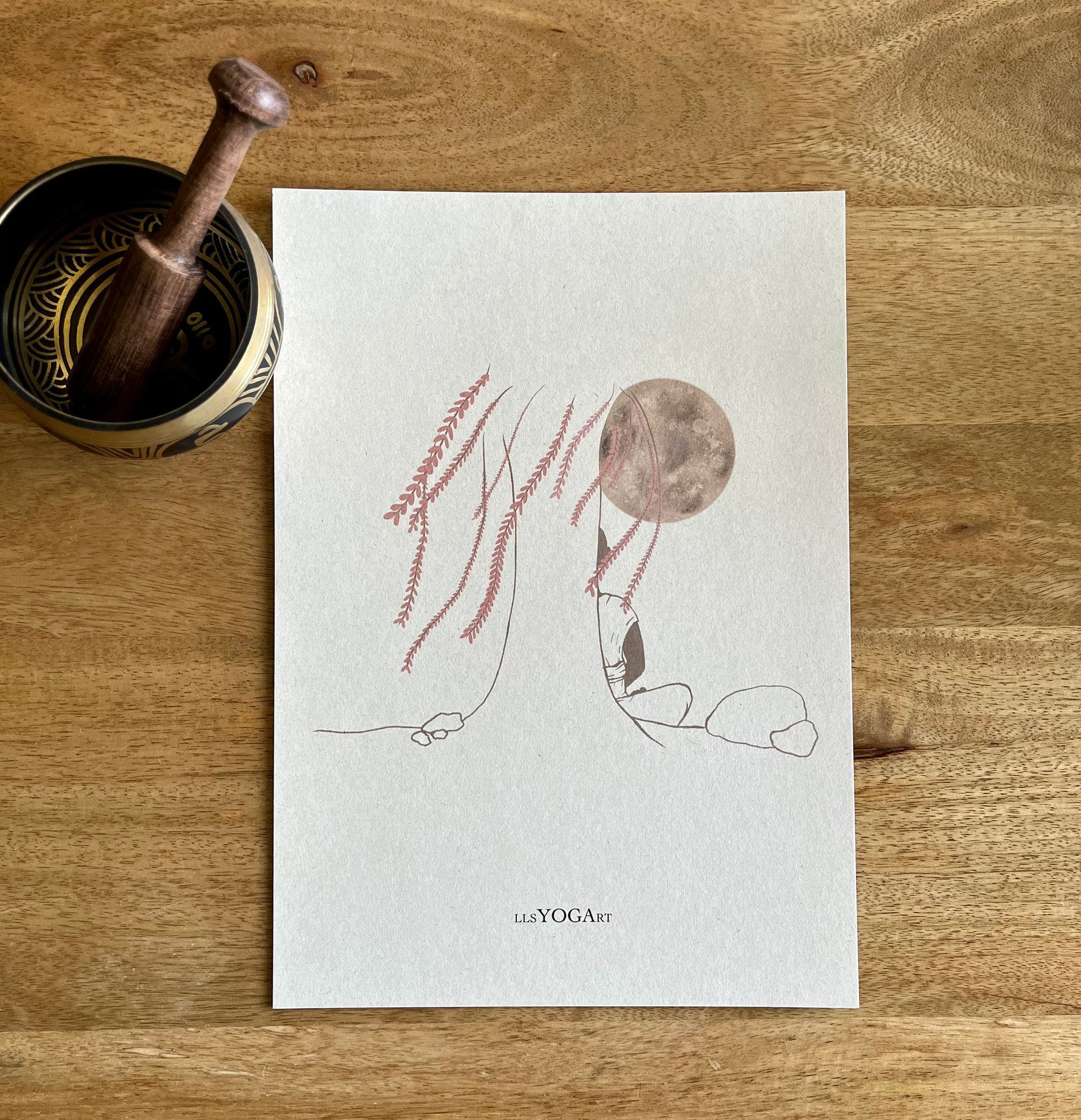 Volle maan meditatie  illustratie met boom en monnik