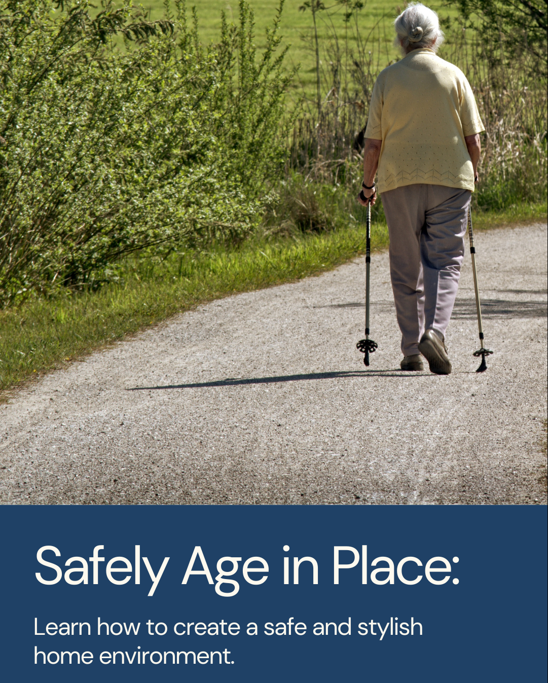 Elderly person walking with poles on a path. Text reads: 