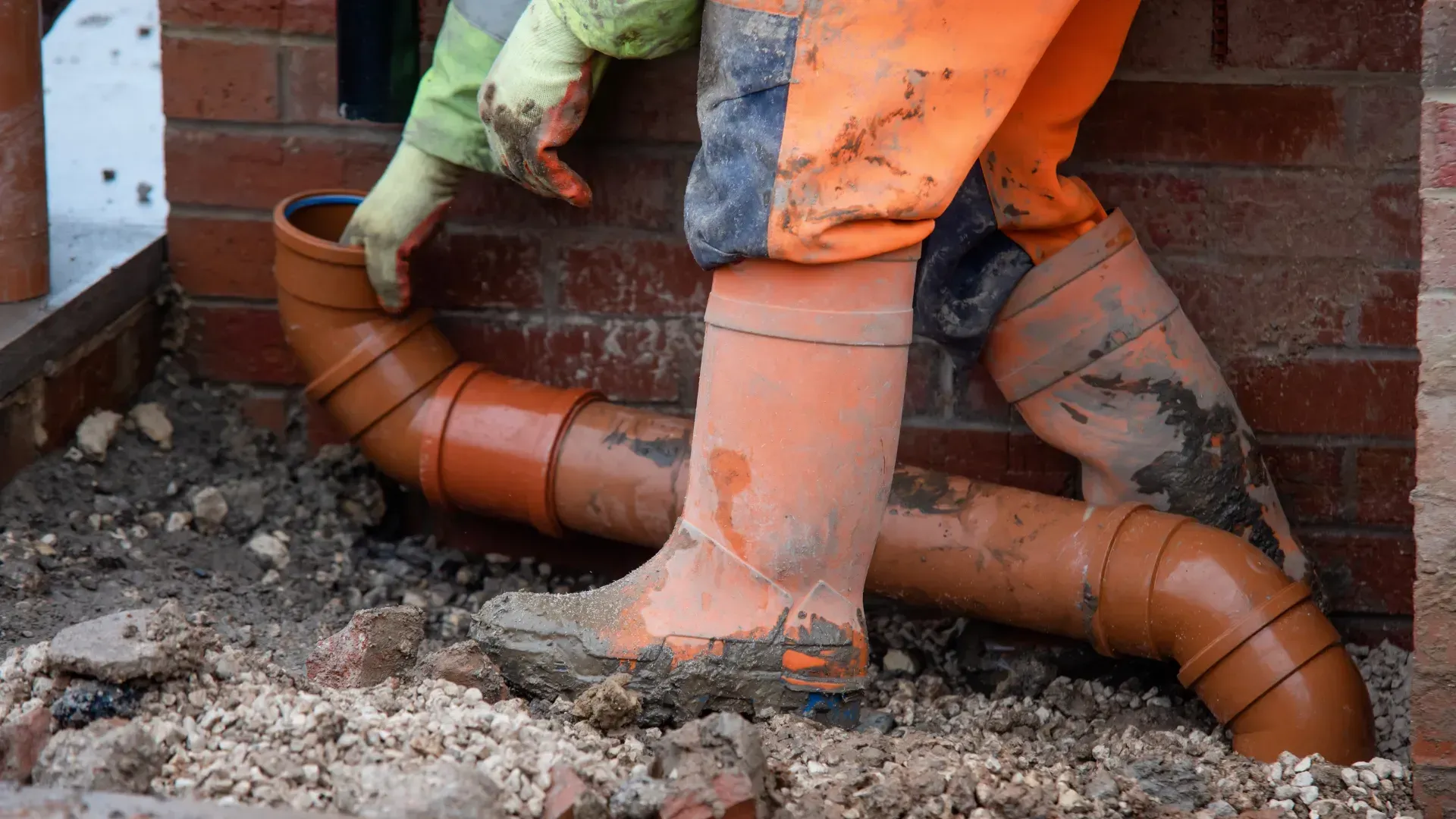 A worker in orange overalls and boots installs a curved brown drain pipe in a gravel-filled trench near a brick wall.