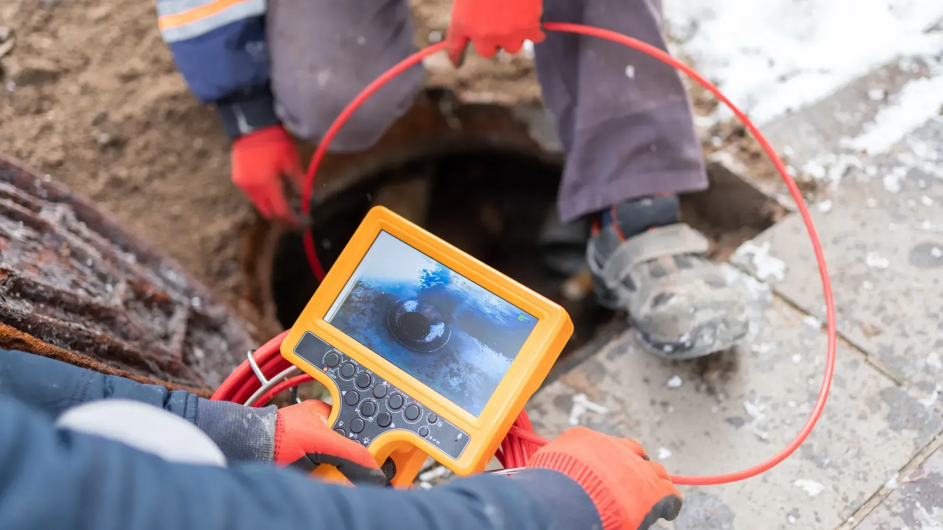 A person uses a camera to inspect a sewer, wearing gloves and holding the display screen.