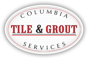 Columbia Tile & Grout Services logo: red and black text within a white oval border on a grid background.