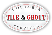 Columbia Tile & Grout Services logo: red and black text within a white oval border on a grid background.
