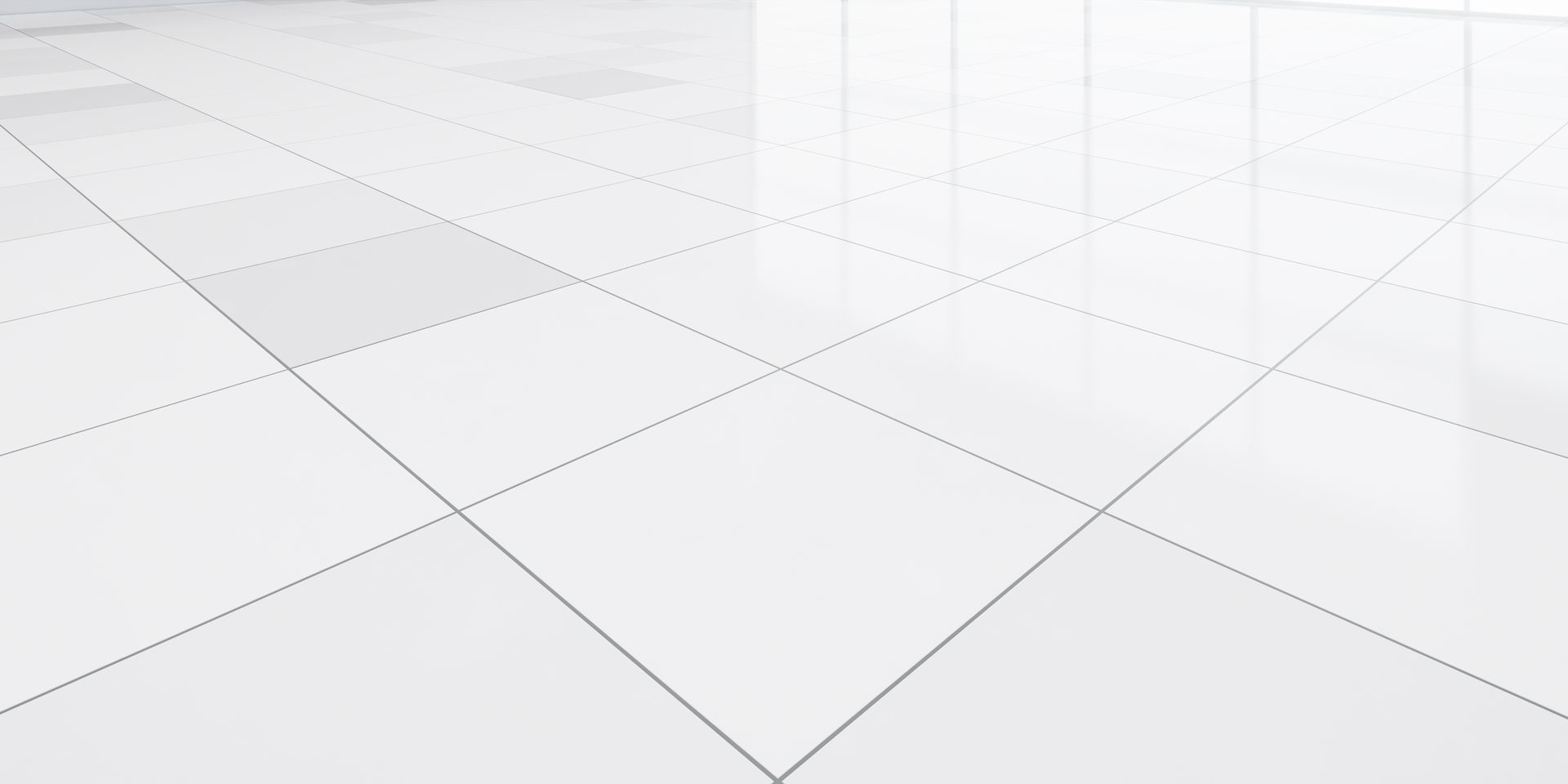 White tiled floor with dotted lines forming a grid pattern. Reflective surface.