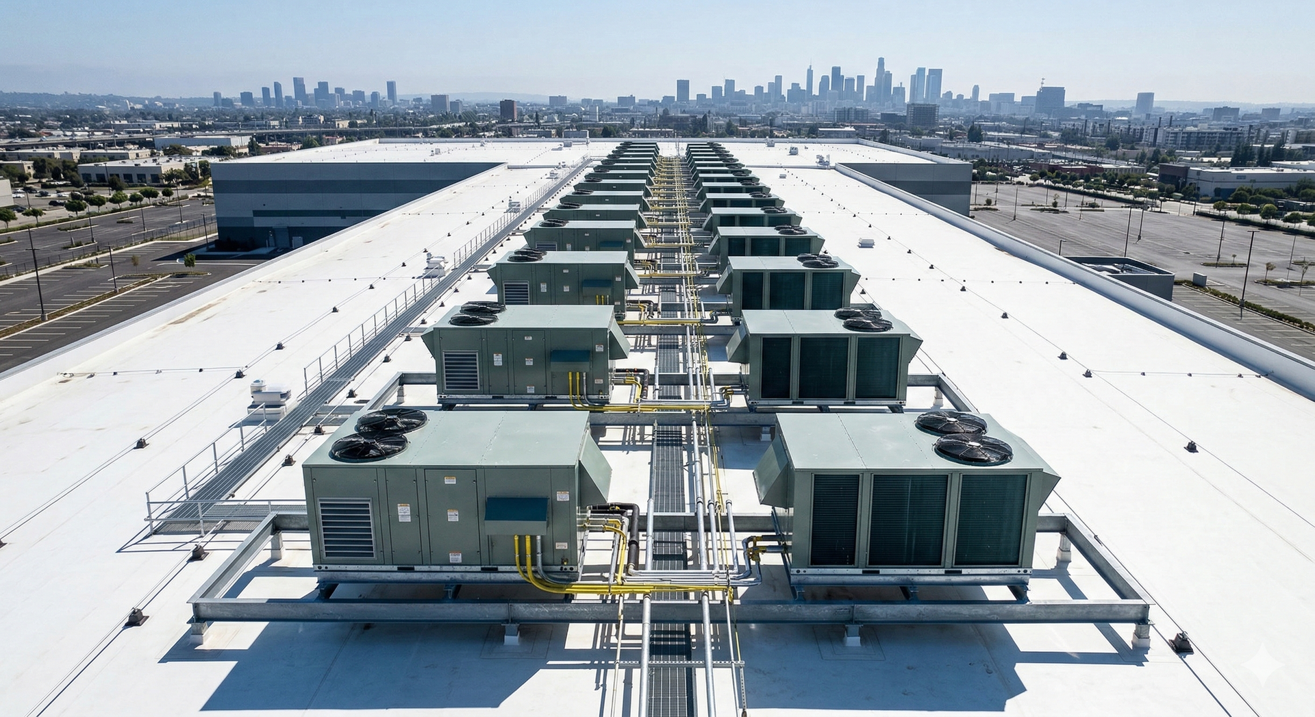 Row of industrial air conditioning units on a rooftop with a city skyline in the background.