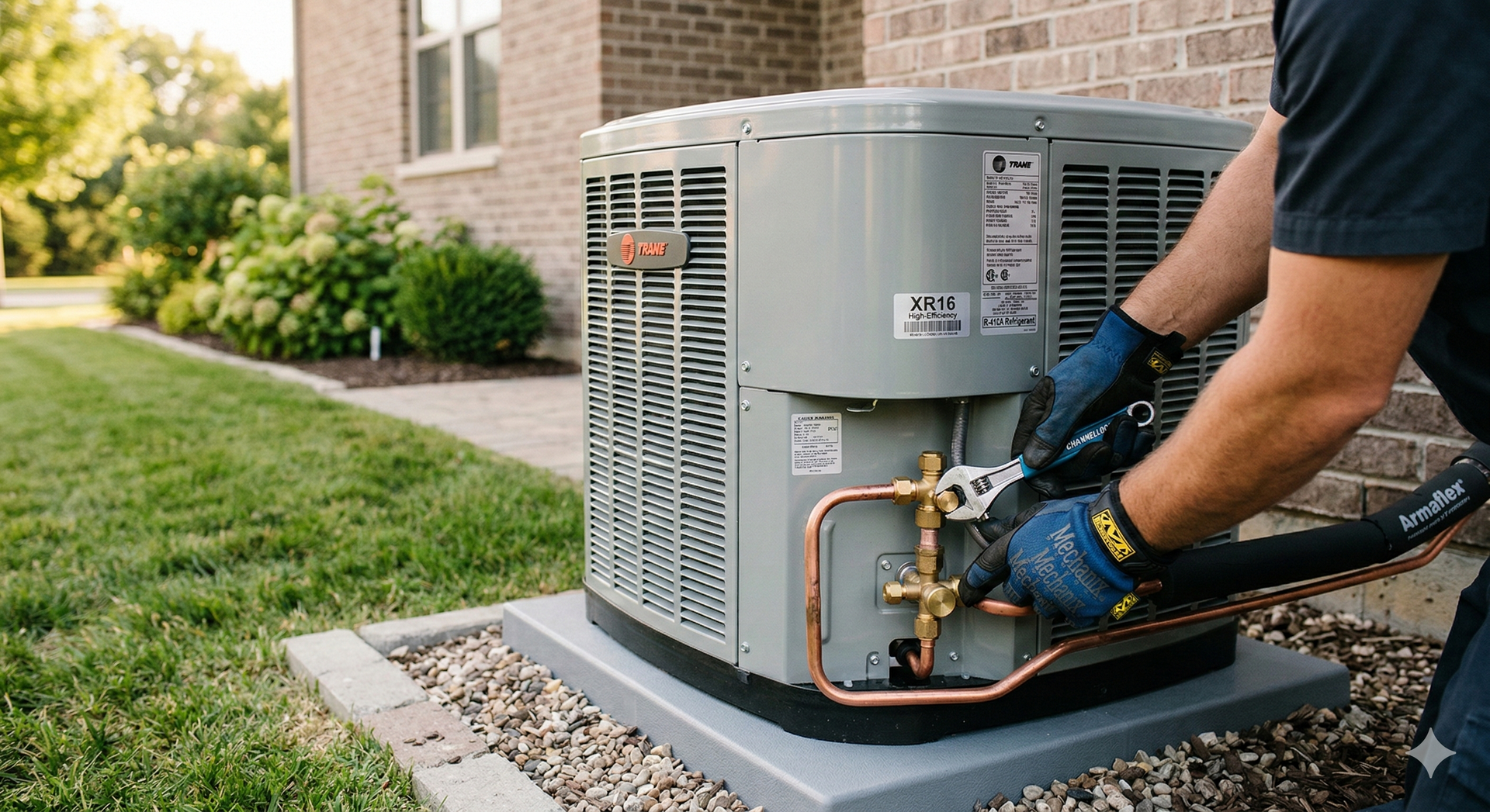 HVAC technician in blue gloves using a wrench on an air conditioning unit outside a brick building.