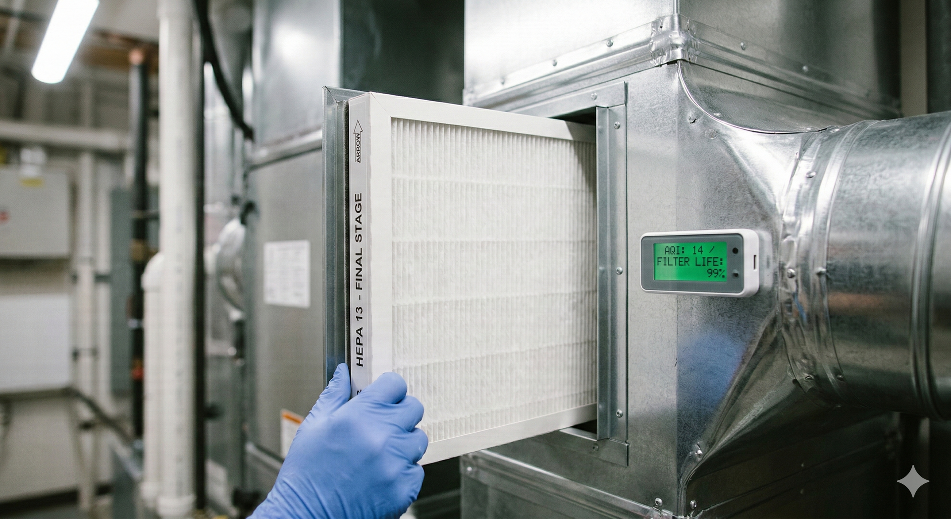 Person in blue gloves replacing air filter in HVAC system.