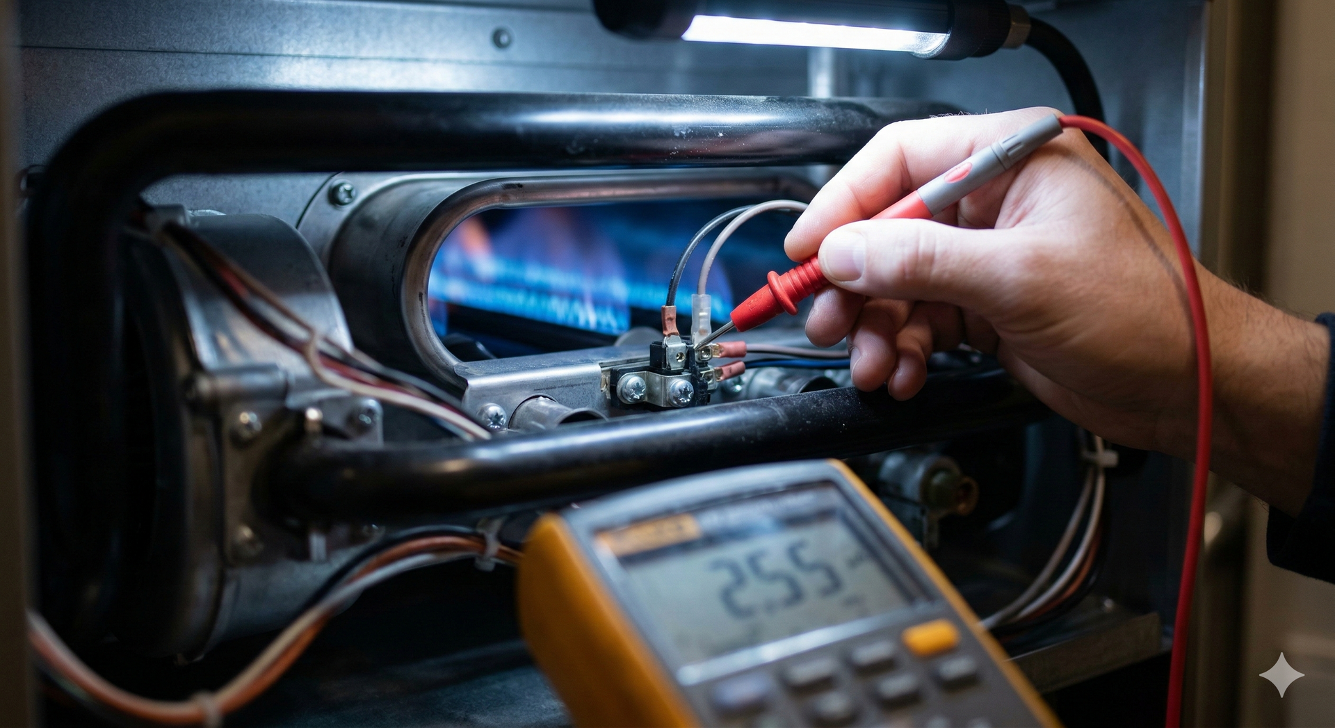 Person using a multimeter to test a furnace with a visible blue flame.