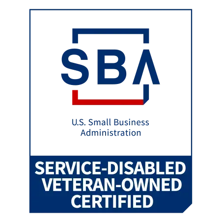 SBA Service-Disabled Veteran-Owned Certified logo: Blue and red SBA logo with 