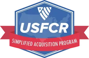 Logo for the US Federal Contractor Registration's Simplified Acquisition Program. Blue and red, with a USA map.