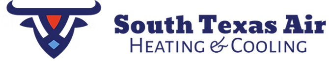 Logo for South Texas Air, Heating & Cooling. Blue and white bull head logo with red and blue accents. Dark blue text.
