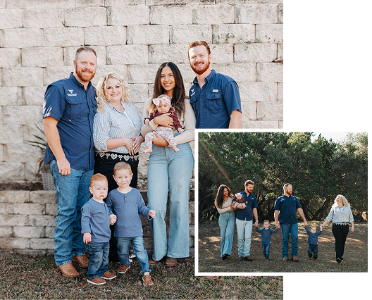 Family group posing outdoors in front of stone wall. Includes inset image of same family walking outdoors.