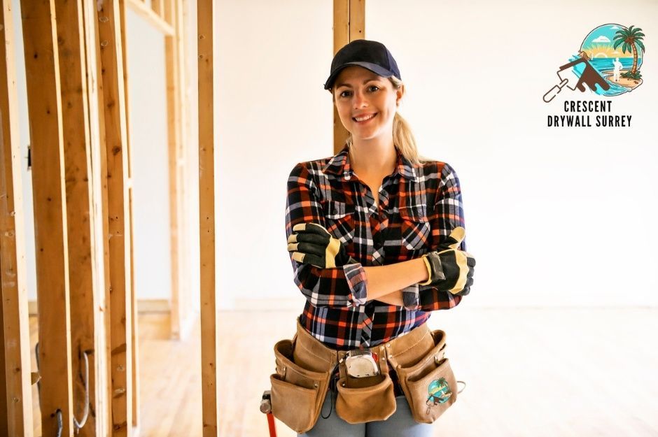 A drywall repair company worker in a plaid shirt, black cap, and tool belt smiles with arms crossed in a commercial construction space with exposed wooden framing visible near Westminster Hwy, and No 1 Rd in Richmond, BC.