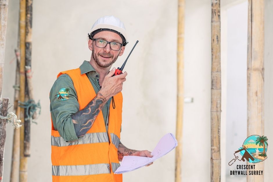 A drywall repair contractor wearing an orange high-visibility safety vest and white hard hat smiles while holding blueprints and a walkie-talkie at a commercial construction site. Wooden wall framing is visible in the background near Plateau Blvd, and Sugarpine Ct in Coquitlam, BC.