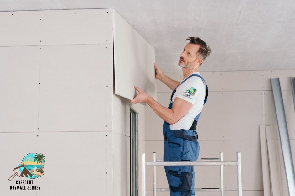 A drywall repair specialist installs white drywall panel on an interior wall. He is wearing blue overalls and white shirt uses his hands to position large rectangular gypsum board against unfinished wall studs in a commercial construction project at Caulfeild Ct, and Caulfeild Dr, West Vancouver, BC.