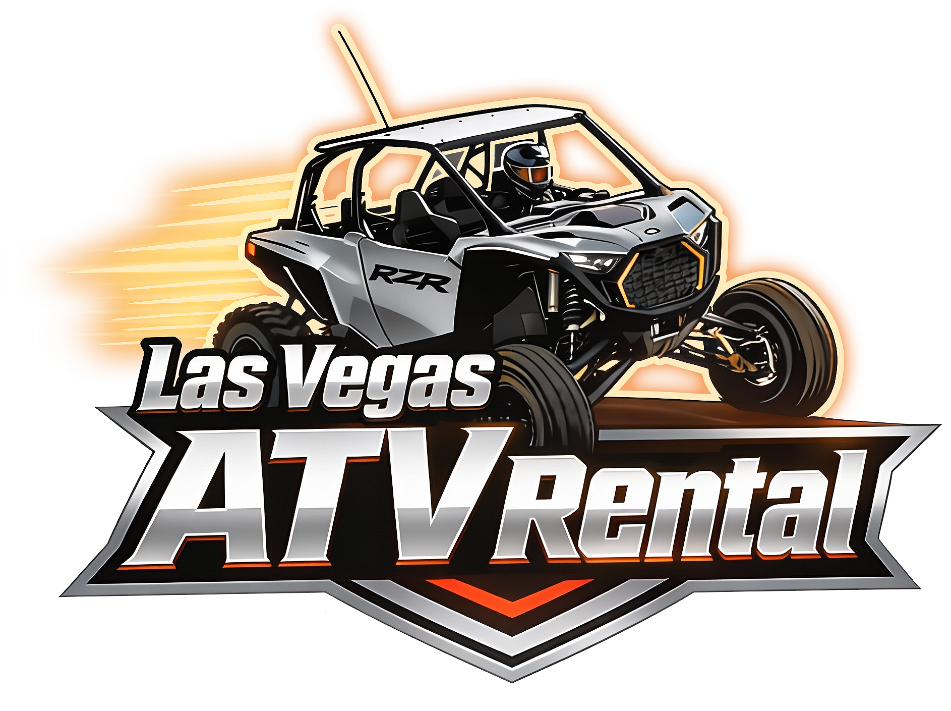 Las Vegas ATV Rental logo with speeding silver ATV on a desert background.