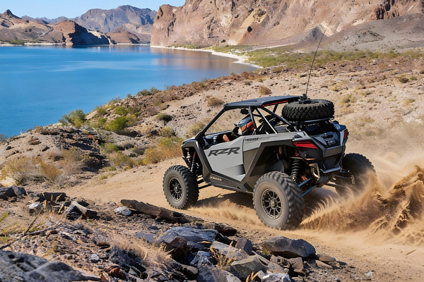 Gray off-road vehicle driving on a dirt path near a lake. Mountain range in the background.