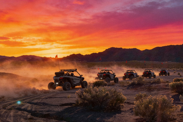 Off-road vehicles driving across a desert landscape at sunset, kicking up dust; orange and purple sky.
