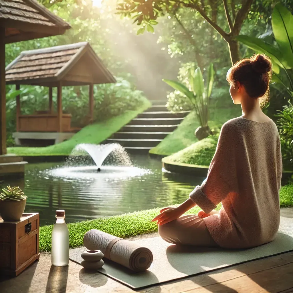 A woman is sitting on a yoga mat in front of a pond.