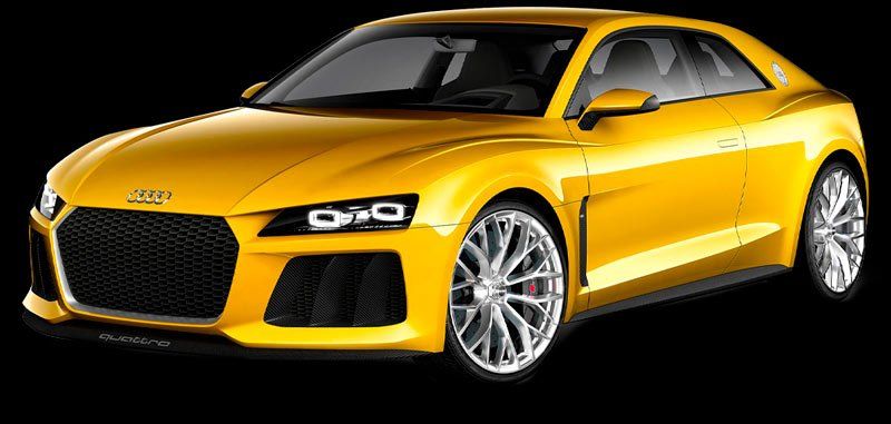A yellow car with the word audi on the front