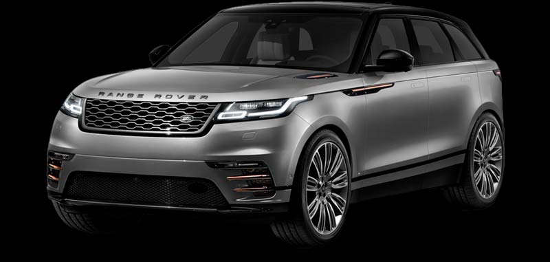 A silver range rover velar is shown on a black background.
