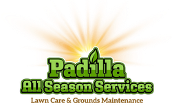 Logo for Padilla All Season Services with green text, a leaf icon, and a sunburst background.