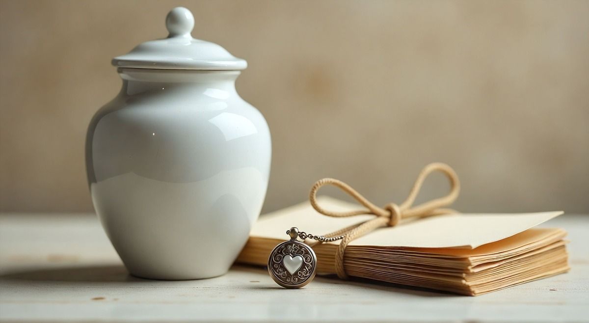 White ceramic jar beside a tied stack of folded paper and a pocket watch on a wooden table