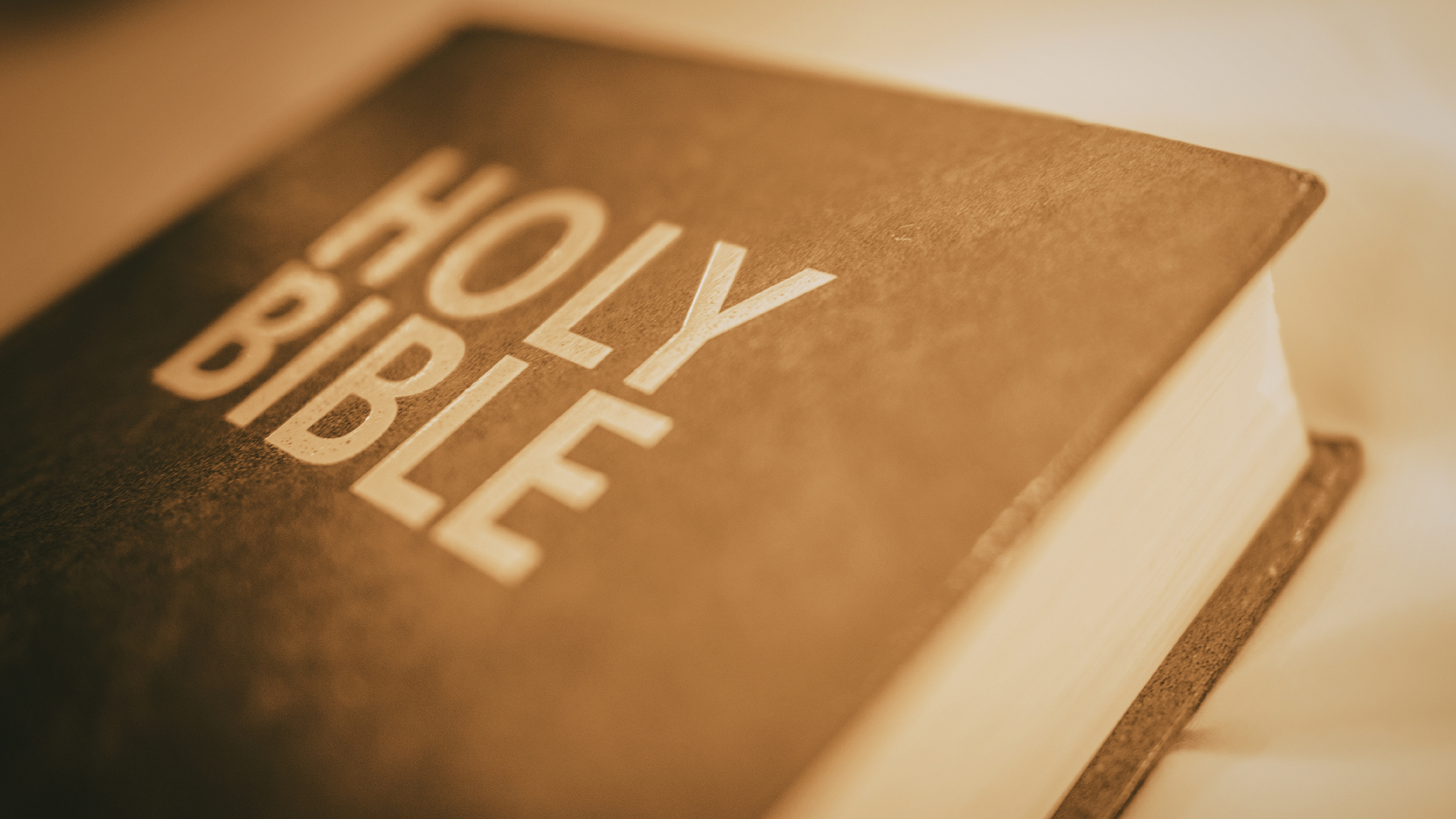 Brown Holy Bible on a warm-toned surface, viewed at an angle