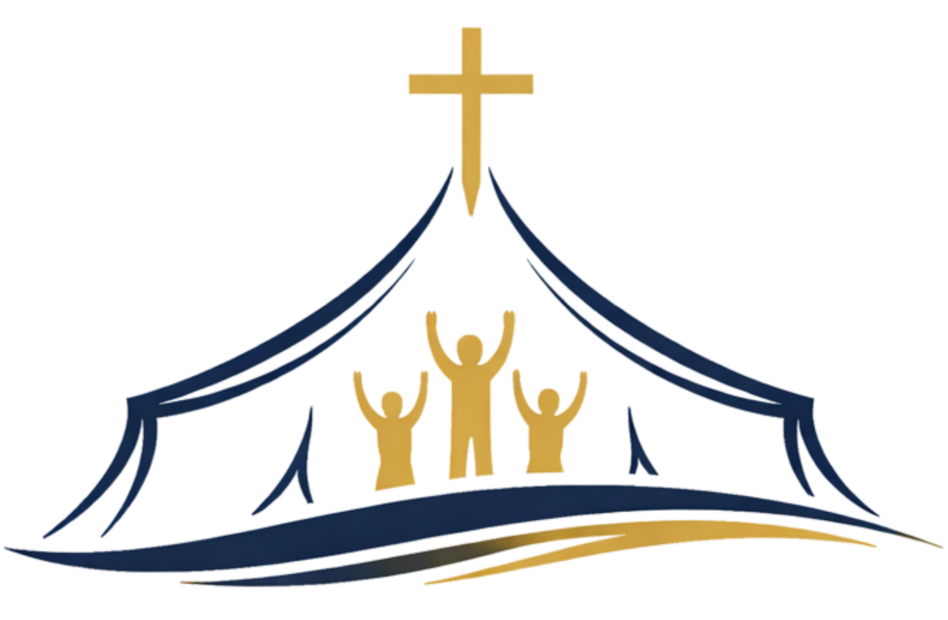 Stylized church tent logo with gold cross, blue roof lines, and three raised gold figures