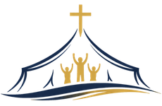 Stylized church tent logo with gold cross, blue roof lines, and three raised gold figures