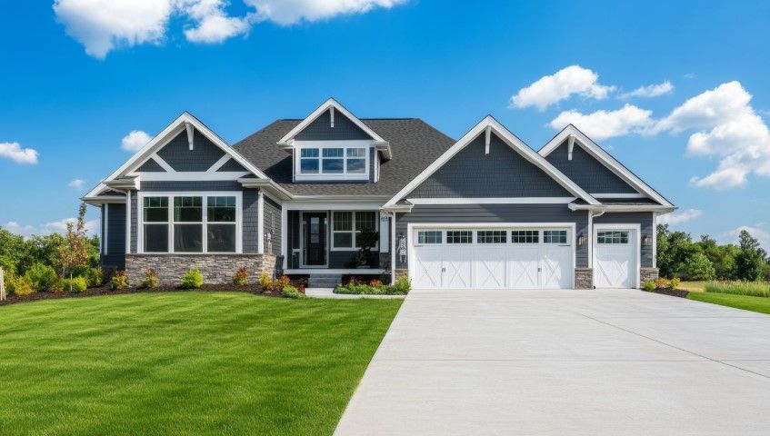 Blue house with white trim, three-car garage, concrete driveway, and green lawn under a blue sky.