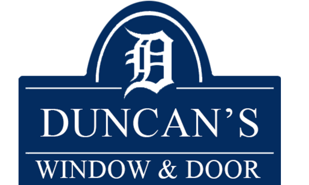 The logo for duncan 's window and door is blue and white.