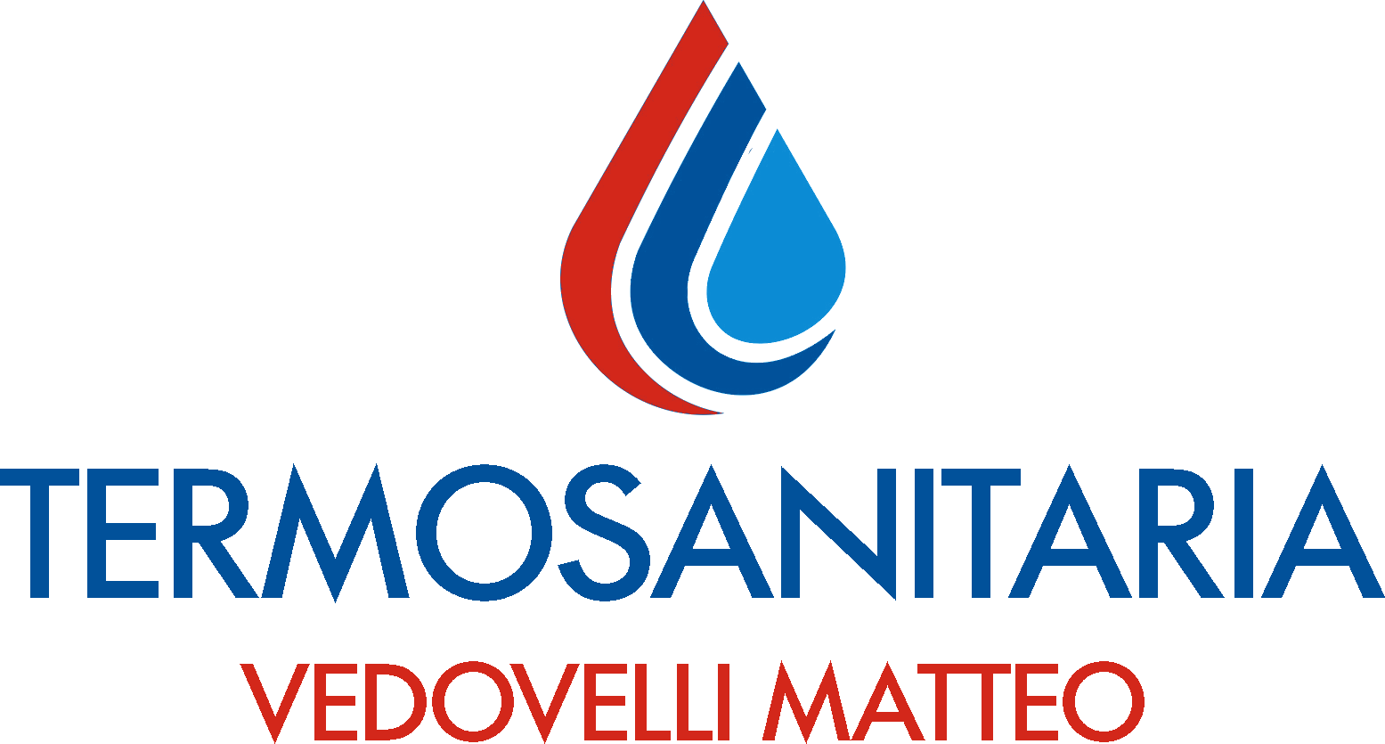 Logo per Termosanitaria Vedovelli Matteo raffigurante una goccia d'acqua rossa e blu e il nome dell'azienda.