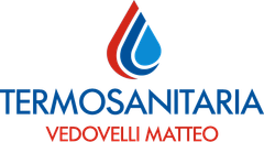 Logo per Termosanitaria Vedovelli Matteo raffigurante una goccia d'acqua rossa e blu e il nome dell'azienda.