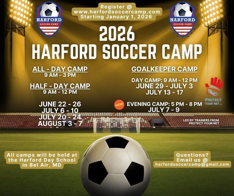 Soccer camp advertisement with dates, times, and registration information.