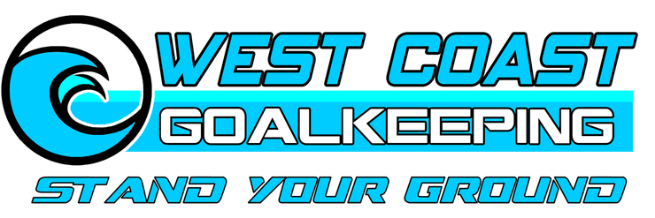 Logo of West Coast Goalkeeping, featuring a wave graphic and text in shades of blue. 