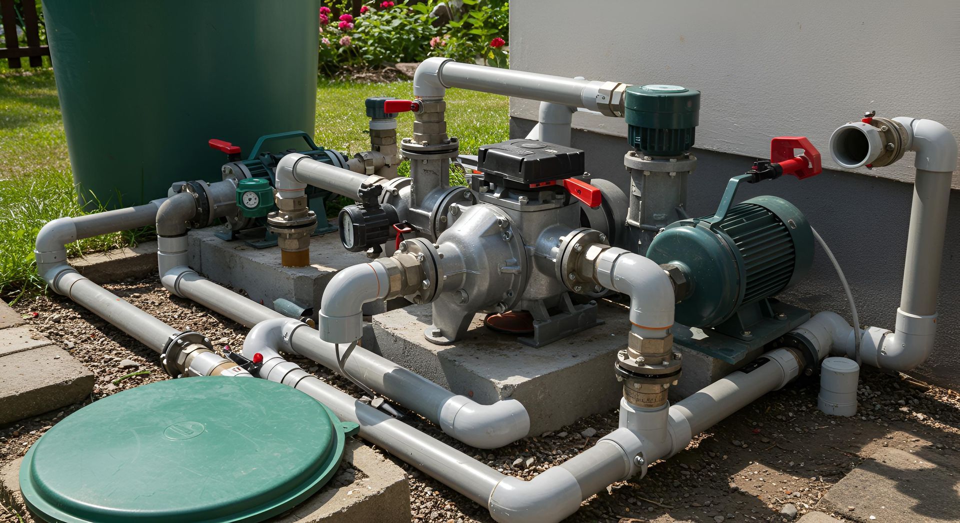 Compact water pump station with PVC pipe, valve control, and pressure tank. Compact water pump station with PVC pipe, valve control, and pressure tank.