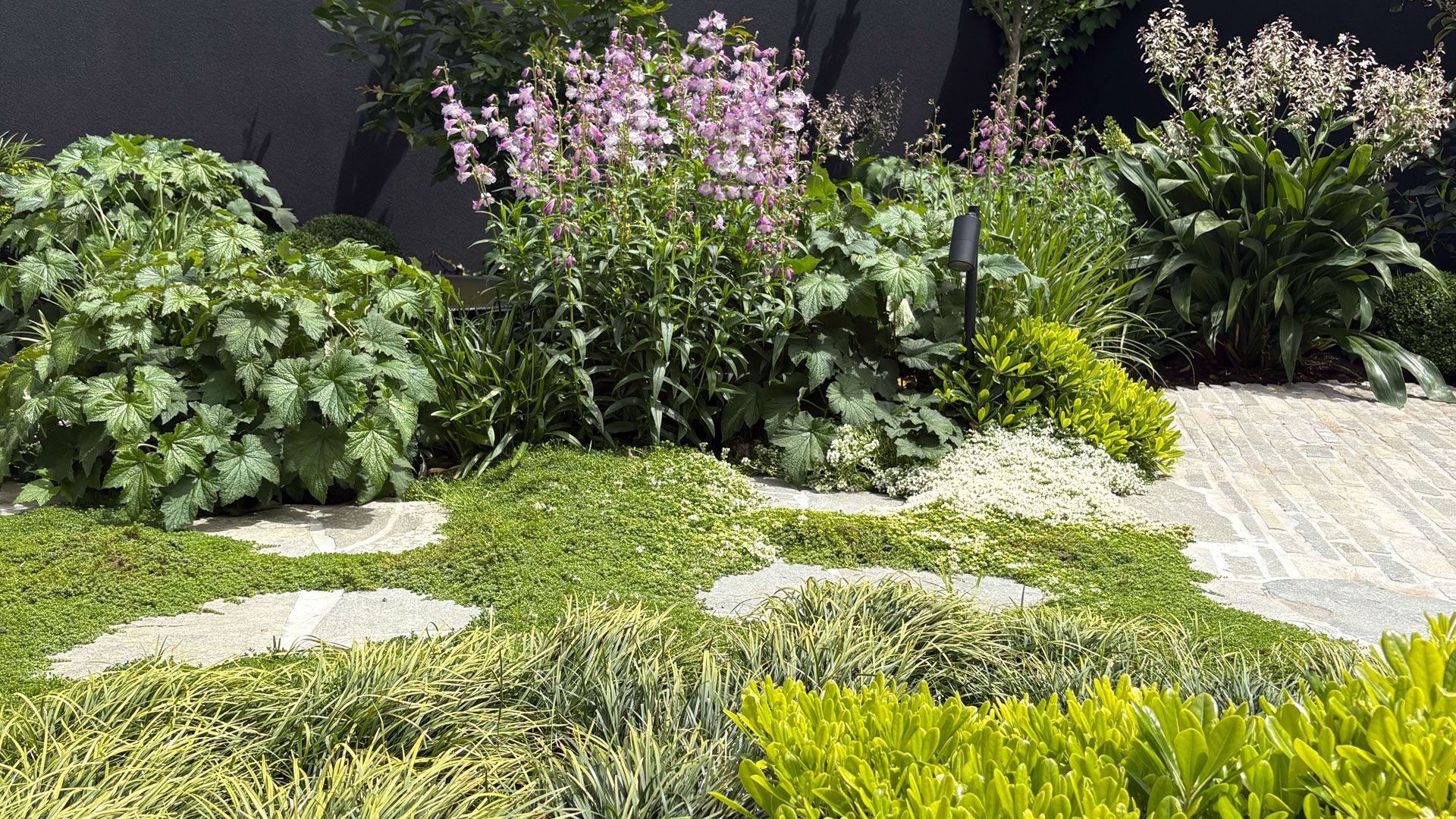 Swimming pool with turquoise water, wood deck, lounge chairs, and green trees under a blue sky.