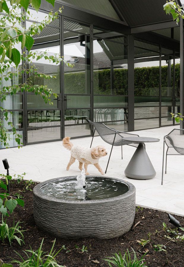 Outdoor lounge area with a pool. Features a white pergola, seating, and lush landscaping.