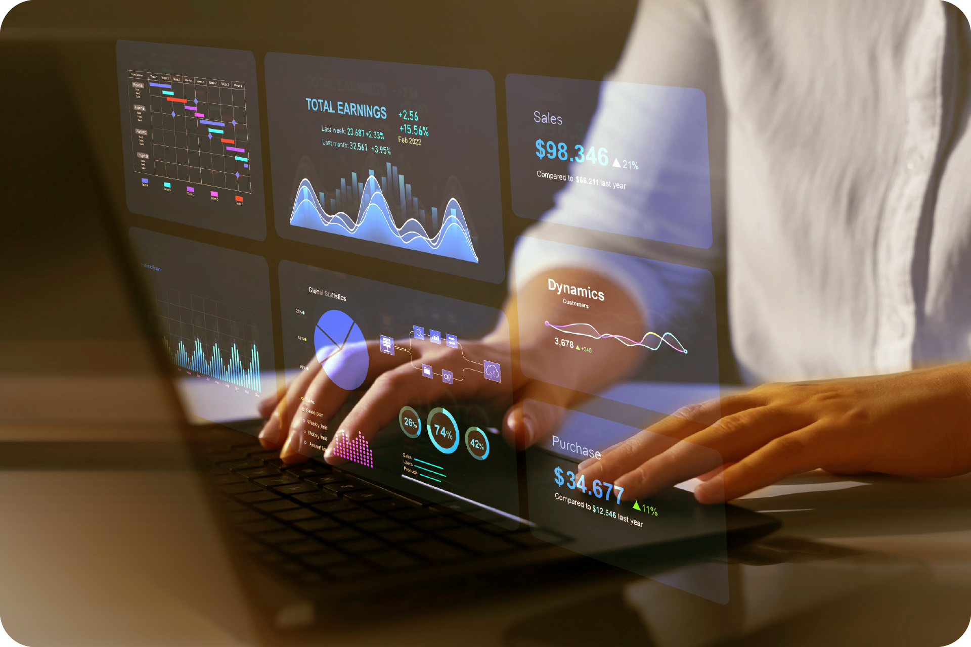 Pessoa usando um laptop com uma exibição holográfica de visualizações de dados, focada em análise financeira.