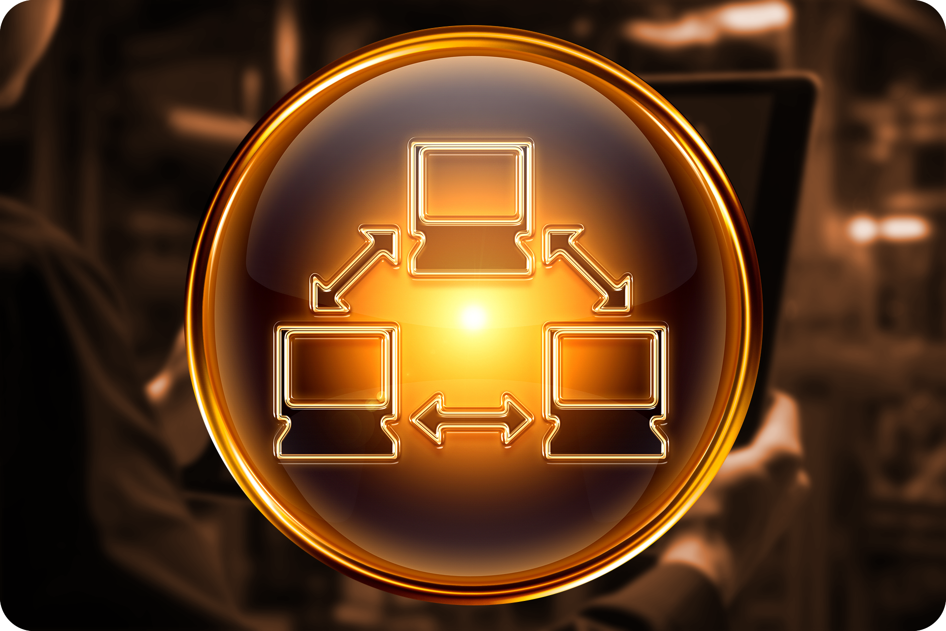 Ícone de rede com três computadores conectados por setas, brilhando em ouro.