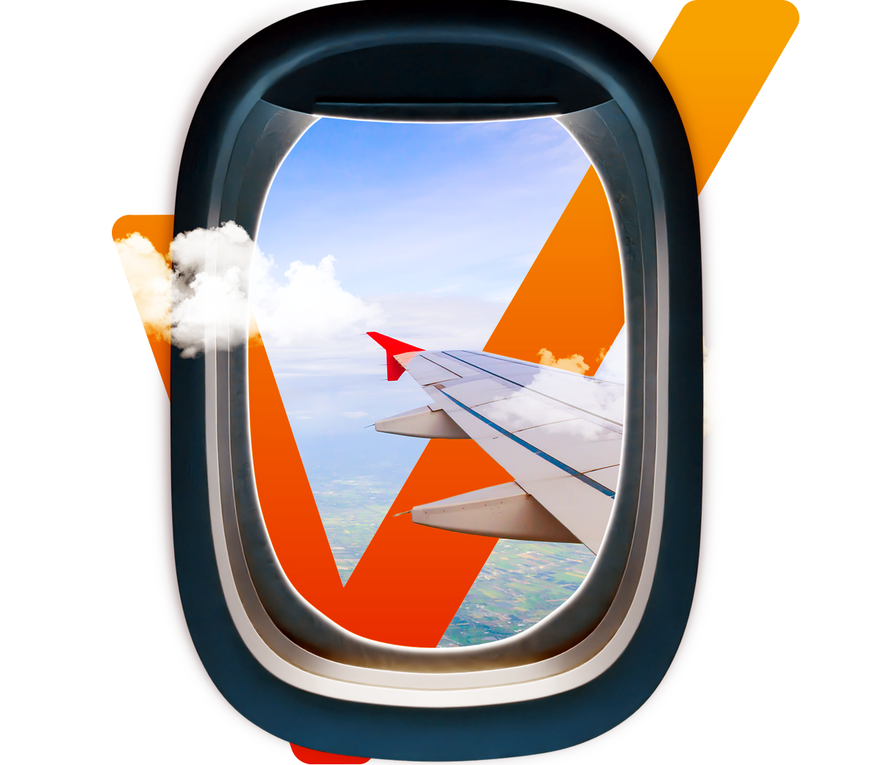 Vista da janela do avião com a marca de seleção laranja sobreposta do logotipo da Evotur.