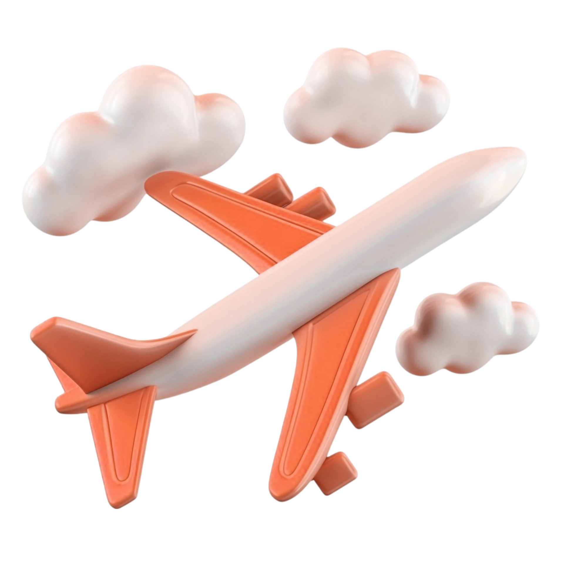 Avião voando através de nuvens brancas, avião laranja e branco.