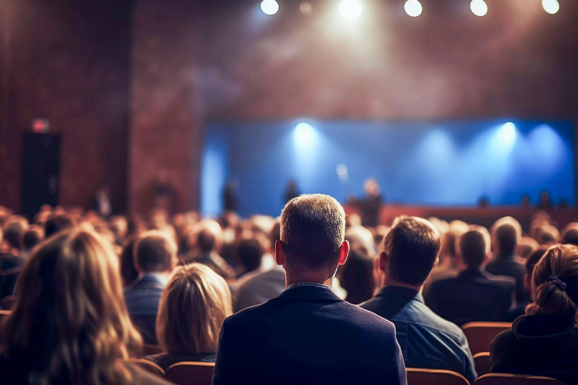 Público em um teatro assistindo a uma apresentação no palco. Iluminação suave sobre as pessoas, luzes azuis no palco.