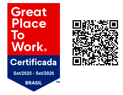 Selo de certificação do Great Place to Work com QR Code. O selo é vermelho e azul e indica que a empresa é certificada.
