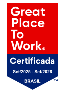 Selo de certificação Great Place To Work para o Brasil, vermelho e azul, para set/2024-set/2025.