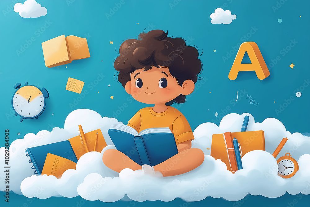 Child reading a book on fluffy clouds, with floating letters, books, and a blue sky background.