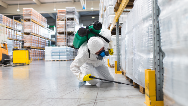 A man in a protective suit is spraying a warehouse with a sprayer.