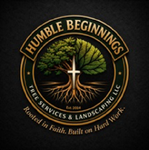 Humble Beginnings landscaping logo with tree, cross, roots, and slogan on a black background